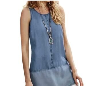 J Jill Two-Toned Indigo Chambray Tunic Top Sz S Fringe Hem Resort Wear Old Money